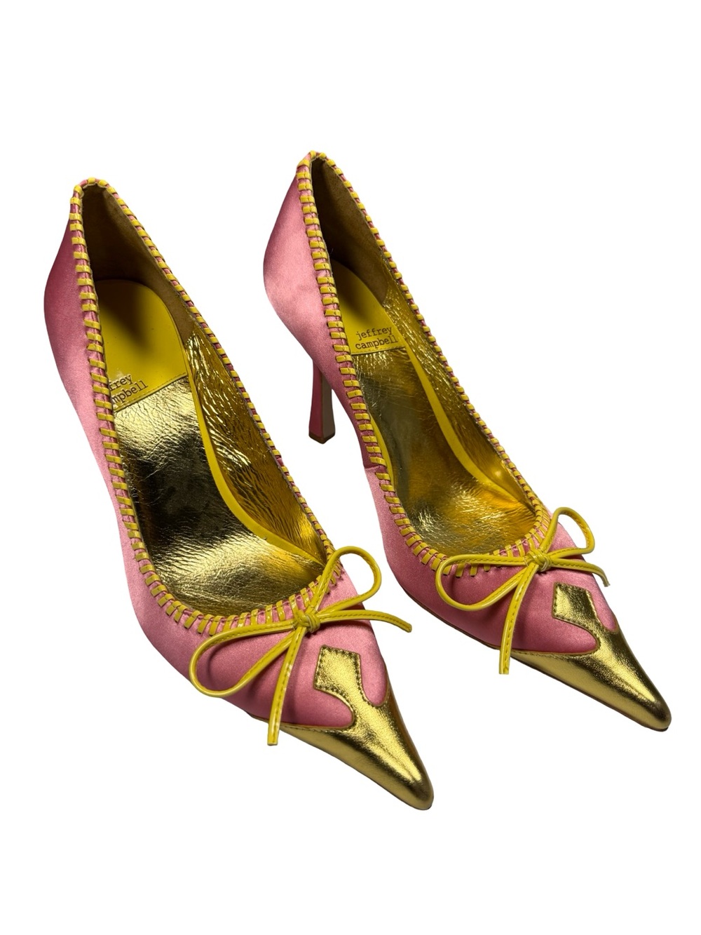 Jeffrey Campbell Sz 9 Pink Gold Pointed Satin Heels Bow Y2K Coquette statement